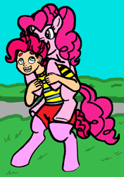 Size: 1225x1736 | Tagged: safe, artist:oneovertwo, pinkie pie, oc, oc:pogo, earth pony, pony, satyr, cute, female, mother and child, mother and son, offspring, parent and child, parent:pinkie pie, piggyback ride
