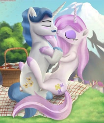 Size: 4401x5199 | Tagged: safe, artist:greenbrothersart, derpibooru import, fancypants, fleur-de-lis, pony, unicorn, eyes closed, fancyfleur, female, holding hooves, kissing, love, male, mare, mountain, picnic, scenery, shipping, sky, stallion, straight, tree