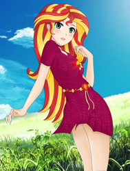 Size: 1134x1500 | Tagged: safe, artist:anonix123, sunset shimmer, human, better together, equestria girls, spring breakdown, clothes, dress, female, geode of empathy, grass, humanized, magical geodes, open mouth, purple dress, solo