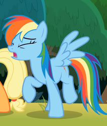 Size: 578x677 | Tagged: safe, derpibooru import, screencap, applejack, rainbow dash, earth pony, pegasus, pony, non-compete clause, cropped, cutie mark, eyes closed, female, invisible stallion, mare, offscreen character, out of context, raised hoof, wings