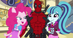 Size: 1228x650 | Tagged: safe, artist:cyrilsmith, pinkie pie, sonata dusk, equestria girls, crossover, deadpool, implied shipping, pinkiepool (pairing), ponied up, pony ears, shipping, sonatapool