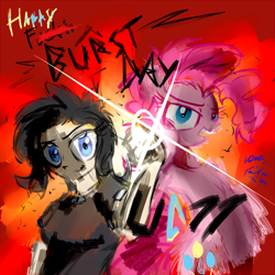 Size: 768x768 | Tagged: safe, artist:frist44, pinkie pie, oc, human, birthday, explosion, gift art, hotblooded pinkie pie, unnamed oc