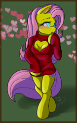 Size: 438x700 | Tagged: safe, artist:carriepika, fluttershy, anthro, arm hooves, blushing, clothes, keyhole turtleneck, open-chest sweater, solo, sweater, sweatershy, turtleneck