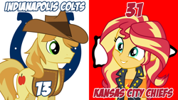 Size: 1920x1080 | Tagged: safe, artist:keronianniroro, artist:lightningbolt, braeburn, sunset shimmer, better together, equestria girls, afc divisional round, american football, indianapolis colts, kansas city chiefs, nfl divisional round, nfl playoffs, sports, vector
