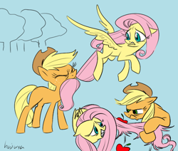 Size: 512x435 | Tagged: safe, artist:hajuya, applejack, fluttershy, earth pony, pegasus, pony, apple, caught, implied flutterbat, tail bite