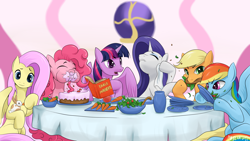 Size: 6000x3375 | Tagged: safe, artist:mricantdraw, derpibooru import, applejack, fluttershy, pinkie pie, rainbow dash, rarity, twilight sparkle, twilight sparkle (alicorn), alicorn, earth pony, pegasus, pony, rabbit, unicorn, book, cake, carrot, eating, etiquette, female, herbivore, mane six, manner, manners, mare, messy eating, salad, table manners