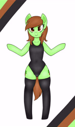 Size: 4740x8055 | Tagged: safe, artist:nero9, oc, oc only, oc:cedar, absurd resolution, bipedal, both cutie marks, clothes, cute, female, looking at you, ocbetes, one-piece swimsuit, poni, simple background, socks, solo, swimsuit, thigh highs, thigh squish