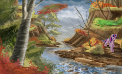 Size: 4200x2550 | Tagged: safe, artist:blindcoyote, derpibooru import, twilight sparkle, autumn, forest, river, scenery, solo