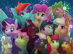 Size: 3508x2600 | Tagged: safe, artist:jackiebloom, derpibooru import, apple bloom, applejack, fluttershy, grubber, pinkie pie, rainbow dash, rarity, scootaloo, spike, sweetie belle, tempest shadow, twilight sparkle, dragon, earth pony, pegasus, pony, unicorn, my little pony: the movie, beanbrows, broken horn, cutie mark crusaders, ear fluff, eye reflection, eye scar, eyebrows, eyebrows visible through hair, eyes closed, female, filly, fireworks, foal, happy new year 2019, horn, male, mane seven, mane six, mare, new year, reflection, scar, star (coat marking), winged spike