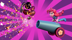Size: 1920x1080 | Tagged: safe, artist:3d thread, artist:creatorofpony, pinkie pie, equestria girls, /mlp/, 3d, balloon, blender, cannon, clothes, confetti, happy, hat, party cannon, party hat, pink, rising sun, skirt, smiling, smoke