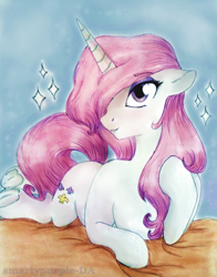 Size: 948x1210 | Tagged: safe, artist:smartypurple, derpibooru import, fleur-de-lis, pony, unicorn, eyeshadow, female, looking at you, makeup, mare, prone, sparkles