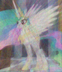 Size: 874x1022 | Tagged: safe, princess celestia, alicorn, pony, female, glitch art, horn, mare, multicolored mane, solo, trippy, white coat