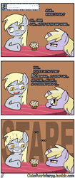 Size: 1280x3056 | Tagged: safe, artist:outofworkderpy, derpy hooves, dinky hooves, pegasus, pony, unicorn, comic:out of work derpy, comic, duo, duo female, female, filly, food, mare, mother and child, mother and daughter, muffin, outofworkderpy, parent and child, sweat, table, tumblr, tumblr comic, worried