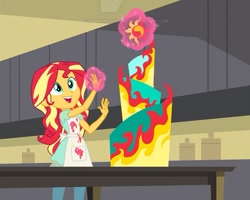 Size: 753x603 | Tagged: safe, artist:sapphiregamgee, sunset shimmer, equestria girls, apron, cake, clothes, cropped, fiery shimmer, food, implied pinkie pie, kitchen, magic, telekinesis