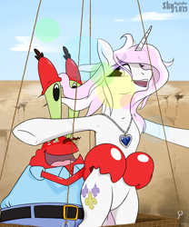 Size: 4616x5550 | Tagged: safe, artist:skydiggitydive, derpibooru import, fleur-de-lis, crab, pony, unicorn, armpits, belt, clif, crack shipping, desert, hot air balloon, jewelry, mr. krabs, necklace, redraw, shipping, sky, spongebob squarepants, titanic necklace