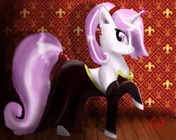 Size: 2316x1839 | Tagged: safe, artist:greenbrothersart, derpibooru import, fleur-de-lis, pony, black dress, clothes, dress, ear piercing, earring, jewelry, piercing, ponytail, profile, raised hoof, signature, smiling, solo, tail wrap, teenager, younger