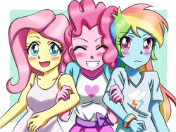 Size: 1000x750 | Tagged: safe, artist:tastyrainbow, derpibooru import, fluttershy, pinkie pie, rainbow dash, equestria girls, anime, blushing, clothes, cute, dashabetes, diapinkes, family, happy, shyabetes, tanktop