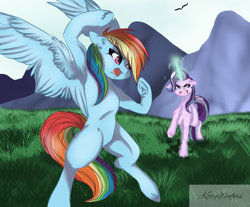 Size: 1206x1000 | Tagged: safe, artist:kittywoofers, rainbow dash, starlight glimmer, pegasus, pony, unicorn, fanfic:crossing the trixie bridge, armpits, fanfic art, fight, outdoors, vs