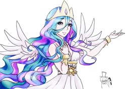 Size: 900x636 | Tagged: safe, artist:kawaiishadowchica, princess celestia, human, cleavage, clothes, dress, female, humanized, pony coloring, simple background, solo, spread wings, traditional art, winged humanization