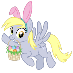 Size: 3000x3000 | Tagged: safe, artist:cheezedoodle96, derpy hooves, pegasus, pony, .svg available, basket, bunny ears, cute, derpabetes, easter, easter basket, easter egg, female, flying, grass, holiday, looking at you, mare, mouth hold, simple background, solo, svg, transparent background, vector, waving