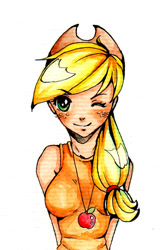 Size: 748x1138 | Tagged: safe, artist:frenky-chan, applejack, human, humanized, looking at you, one eye closed, solo, traditional art