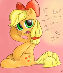 Size: 1080x1260 | Tagged: source needed, safe, artist:tremble, applejack, earth pony, pony, bow, colored, cute, dialogue, offscreen character, pose, sitting, solo