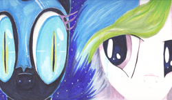 Size: 2688x1556 | Tagged: safe, artist:ihaveaninkling, nightmare moon, princess celestia, alicorn, pony, looking at you, sideways glance, traditional art