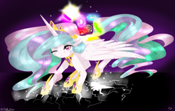 Size: 1024x648 | Tagged: safe, artist:doodle-28, princess celestia, alicorn, pony, elements of harmony, mare in the moon, moon, solo, spread wings, wink