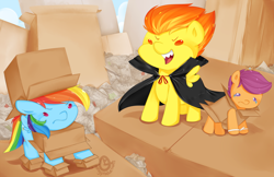 Size: 1024x663 | Tagged: safe, artist:omgproductions, derpibooru import, rainbow dash, scootaloo, spitfire, pegasus, pony, cape, cardboard box, clothes, crown, fangs