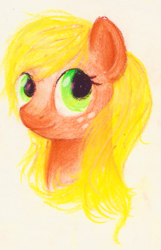 Size: 647x1007 | Tagged: safe, artist:rizzych, applejack, earth pony, pony, bust, loose hair, pastel, portrait, solo, traditional art