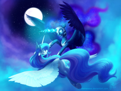 Size: 1920x1440 | Tagged: safe, artist:joellethenose, nightmare moon, princess celestia, alicorn, pony, angry, female, fight, flying, glowing horn, jewelry, mare, moon, night, open mouth, plot, regalia, signature, sky, spread wings, stars, wide eyes