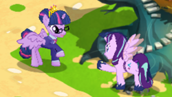 Size: 1280x720 | Tagged: safe, starlight glimmer, twilight sparkle, twilight sparkle (alicorn), alicorn, pony, unicorn, clothes, costume, fake alicorn, fake wings, gameloft