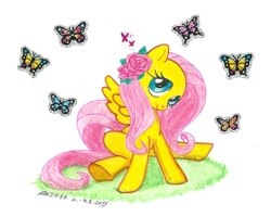 Size: 1225x980 | Tagged: safe, artist:hanvii82, fluttershy, butterfly, pegasus, pony, flower, solo, traditional art