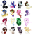 Size: 1280x1360 | Tagged: safe, artist:laceymod, derpibooru import, ace, fleur-de-lis, twilight sparkle, oc, oc:aqua splash, oc:caster, oc:cedric, oc:chocolate dip, oc:coffee bean, oc:edge doodle, oc:laura, oc:prosopeio, oc:rose wine, oc:snooty, oc:sweet cream, oc:water lily, oc:wild card, hybrid, pony, zony, ace point, female, male, mare, mask, parent:fleur-de-lis, stallion