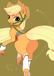 Size: 480x676 | Tagged: safe, artist:pasikon, applejack, earth pony, pony, bridle, horseshoes, leg warmers, looking back, plot, saddle, solo