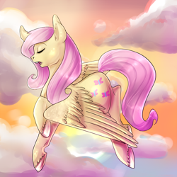 Size: 700x700 | Tagged: safe, artist:sage-tanuki, fluttershy, pegasus, pony, cloud, cloudy, eyes closed, flying, sky, solo