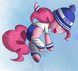 Size: 1500x1368 | Tagged: safe, artist:ncmares, part of a set, pinkie pie, earth pony, pony, american football, beanie, clothes, hat, indianapolis colts, leg warmers, nfl, open mouth, plot, solo, super bowl, super bowl xlix, sweatband, tongue out