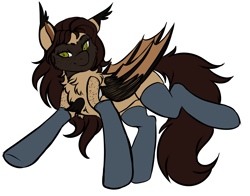Size: 2058x1617 | Tagged: safe, artist:theecchiqueen, oc, oc only, oc:rasta jam, bat pony, hybrid, pegasus, pony, bat pony oc, chest fluff, clothes, female, freckles, mare, simple background, slit eyes, smiling, solo, stockings, thigh highs