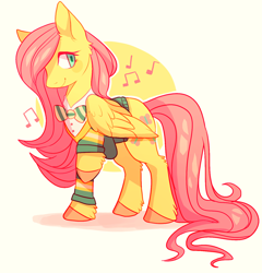 Size: 1280x1331 | Tagged: safe, artist:fawnshy, fluttershy, pegasus, pony, bowtie, clothes, cute, ear fluff, female, fluffy, leg fluff, mare, music notes, ponytones outfit, raised hoof, shyabetes, simple background, smiling, unshorn fetlocks