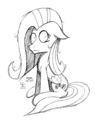 Size: 791x1009 | Tagged: safe, artist:mane-shaker, fluttershy, pegasus, pony, looking at you, monochrome, scared, solo, traditional art