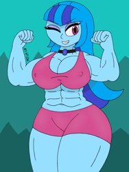 Size: 1932x2576 | Tagged: safe, artist:c_w, sonata dusk, equestria girls, abs, biceps, breasts, buff, cleavage, clothes, erect nipples, eyeshadow, jewelry, makeup, muscles, muscular female, nipple outline, pendant, shorts, smiling, sonata bust, swolenata dusk, wide hips, winking at you