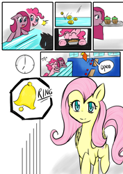 Size: 2480x3508 | Tagged: safe, artist:drhikari, fluttershy, pinkie pie, earth pony, pegasus, pony, comic:dealing with depression, bits, clock, comic, cupcake, doorbell, food, pie, pinkamena diane pie