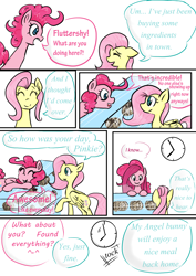 Size: 2480x3508 | Tagged: safe, artist:drhikari, fluttershy, pinkie pie, earth pony, pegasus, pony, comic:dealing with depression, clock, comic, food, pastry, pinkamena diane pie