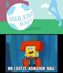 Size: 500x581 | Tagged: safe, derpibooru import, screencap, rainbow dash, equestria girls, ashleigh ball, football, meme, no weenies allowed, pun, spongebob squarepants