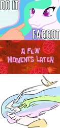 Size: 679x1442 | Tagged: safe, artist:4as, artist:nobody, princess celestia, oc, oc:anon, human, :3, boop, caption, do it, do it faggot, hand, krusty love, spongebob squarepants, spongebob time card, vulgar