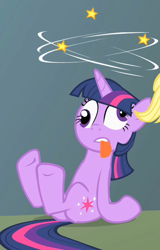 Size: 370x579 | Tagged: safe, derpibooru import, screencap, twilight sparkle, feeling pinkie keen, circling stars, cropped, derp, dizzy, solo focus, tongue out