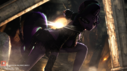 Size: 1920x1080 | Tagged: safe, artist:princeoracle, starlight glimmer, anthro, unicorn, 3d, angry, breasts, crouching, dramatic, enchantress, female, magic wand, mare, revealing clothing, sideboob, solo