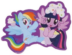 Size: 543x415 | Tagged: safe, derpibooru import, rainbow dash, twilight sparkle, twilight sparkle (alicorn), alicorn, pegasus, pony, cupcake, cute, female, floppy ears, food, mare, merchandise, official, photo, sitting, smiling, spread wings, wings