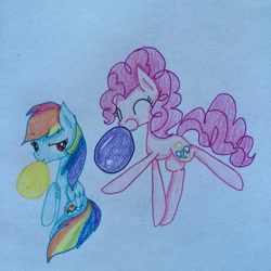 Size: 859x859 | Tagged: safe, artist:rainbowrules, derpibooru import, pinkie pie, rainbow dash, earth pony, pegasus, pony, balloon, blowing, blowing up balloons, inflating, party, puffy cheeks, rainblow dash, traditional art