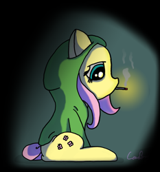 Size: 1583x1700 | Tagged: safe, artist:greenlyreproductions, fluttershy, pegasus, pony, cigarette, clothes, hoodie, sitting, smoking, solo